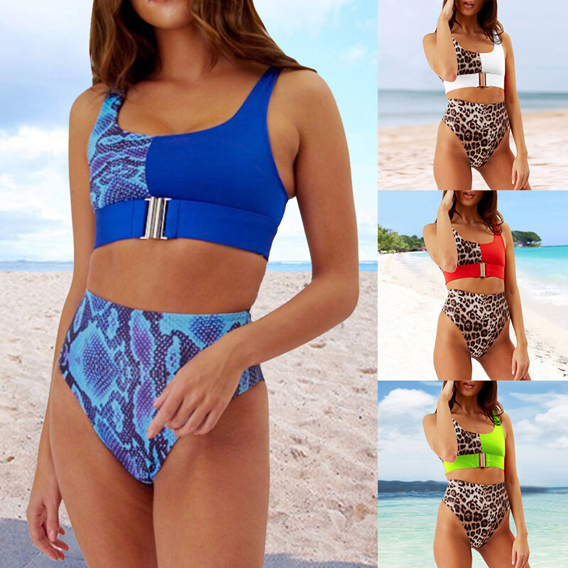 Sfit 2019 verano mujeres Sexy Color juego leopardo estampado Bikini conjunto de cintura alta traje de baño Push Up ancho Hem playa Baño trajes