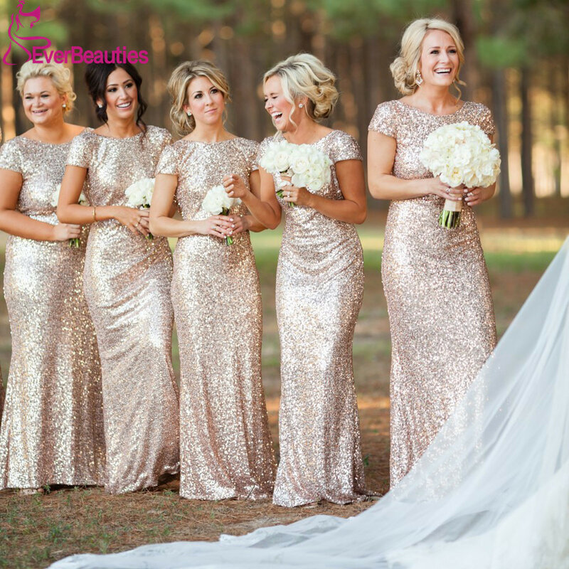 Женское платье подружки невесты, длинное платье цвета шампанского с блестками и коротким рукавом, платье для выпускного вечера, свадебное платье, 2020