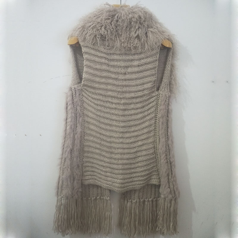 女性用の本物のウサギの毛皮のベスト,モンゴルの羊の毛皮の襟が付いた長い伸縮性のあるニットの毛皮のベスト,女性用の毛皮のジャケット,2019年春のファッション