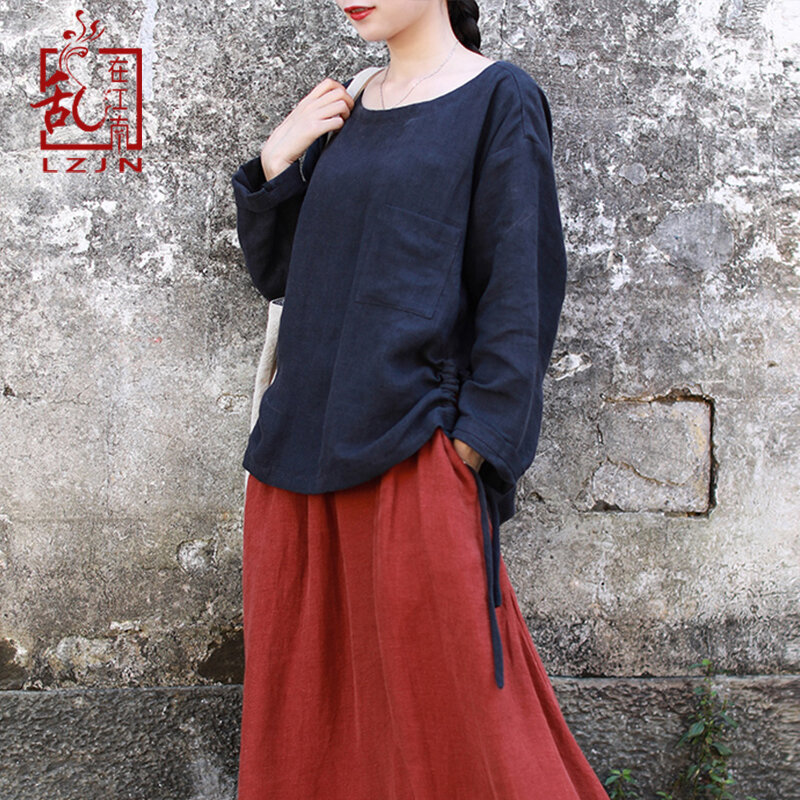 LZJN-Blusa de manga larga con cordón para mujer, camisa Vintage de lino con cuello redondo y bolsillo, diseño Simple, primavera y otoño, 2019