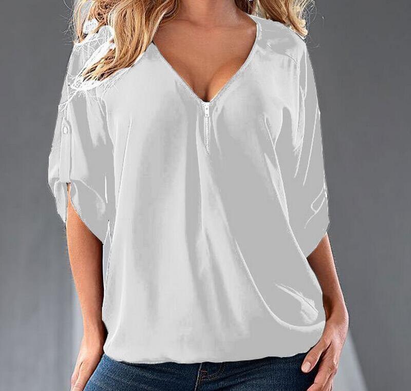 S-5XL Blouses Loose shirt White,Red,Black,Blue Sexy Women See Through Chiffon Shirts V Neck Half Casual Blouse Tops Plus Size