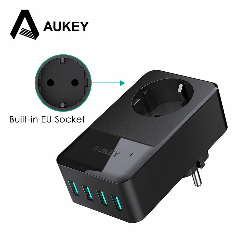 Aukey viagem multi usb carregador 4 portas adaptador do telefone móvel inteligente carregador de parede carregamento rápido para o telefone com built-in soquete da ue