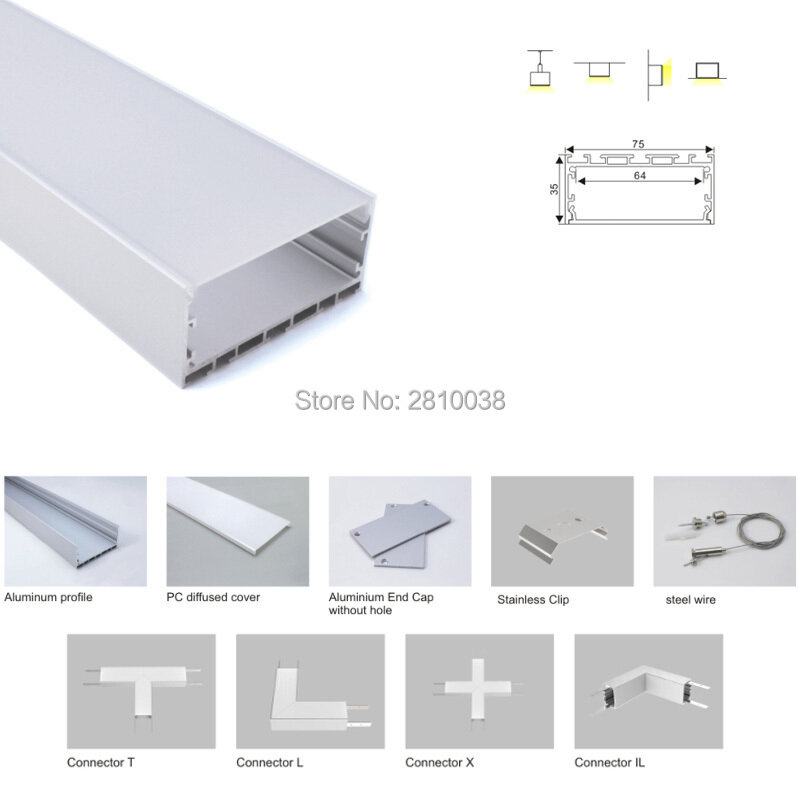 100x 1m conjuntos/lote 6000 series faixa de led de perfil de alumínio e canal de alumínio em u para suspensão ou lâmpada pendente