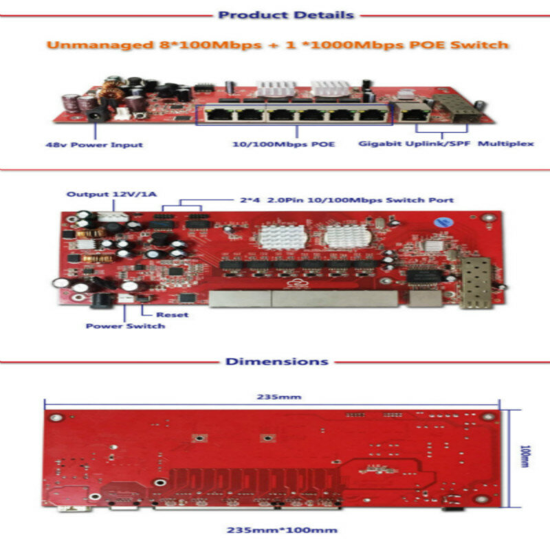 Module de commutation 9 ports gigabit SFP OEM/ODM, support AF/AT 10/100/1000Mbps