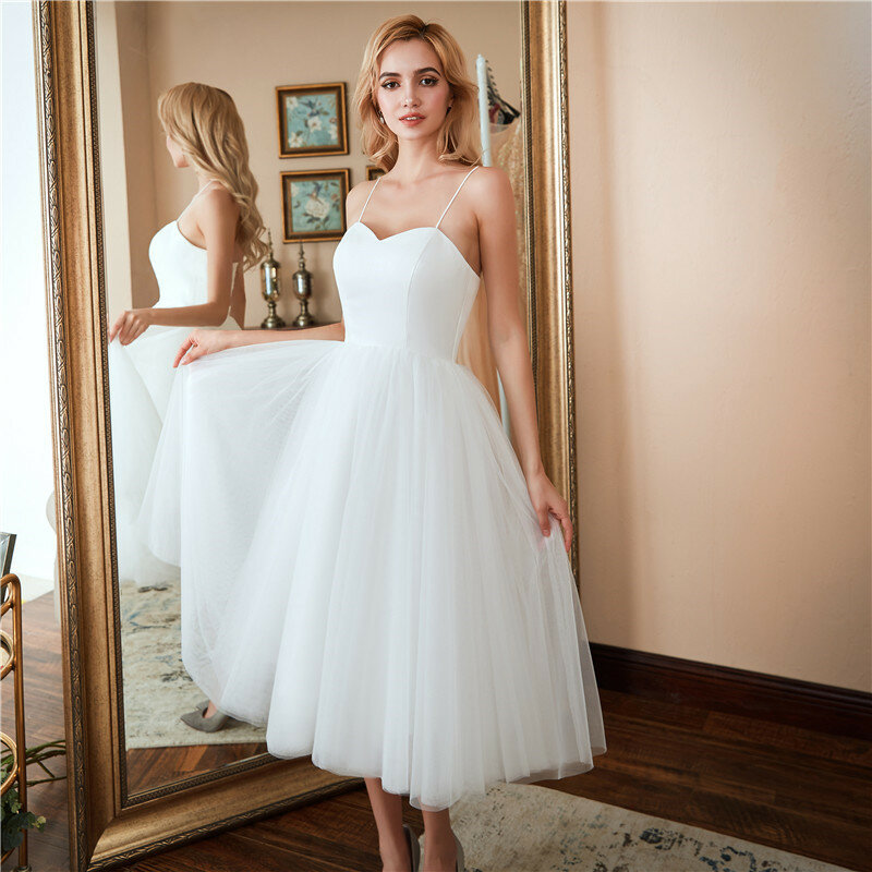 Einfache Kurze Hochzeit Kleid Vestidos Brancos 2020 Tüll Strand EINE Linie Brautkleider Elegante Spaghetti Riemen Robe De Mariage