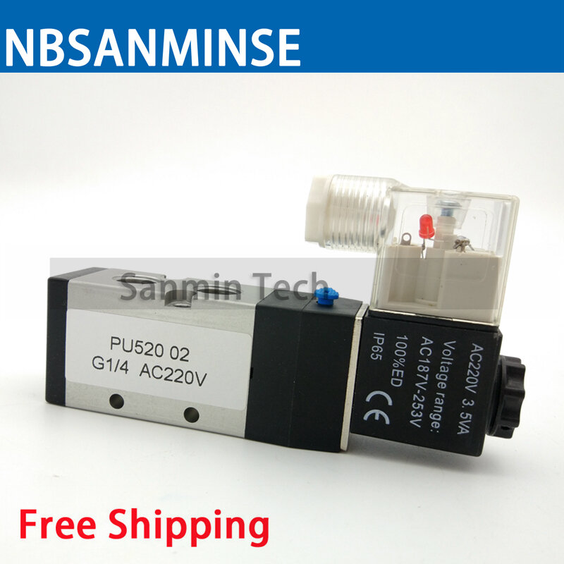 PU520 Solenoid Valve 1/4 3/8 1/2 Control Valve Electrical Pneumatic Valve Two Position Five Way For Automation System NBSANMINSE