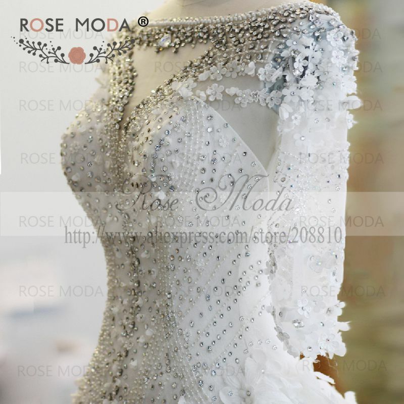 로즈 모다 리얼 사진 럭셔리 크리스탈 3D 플라워 웨딩 드레스, 긴팔 맞춤 제작
