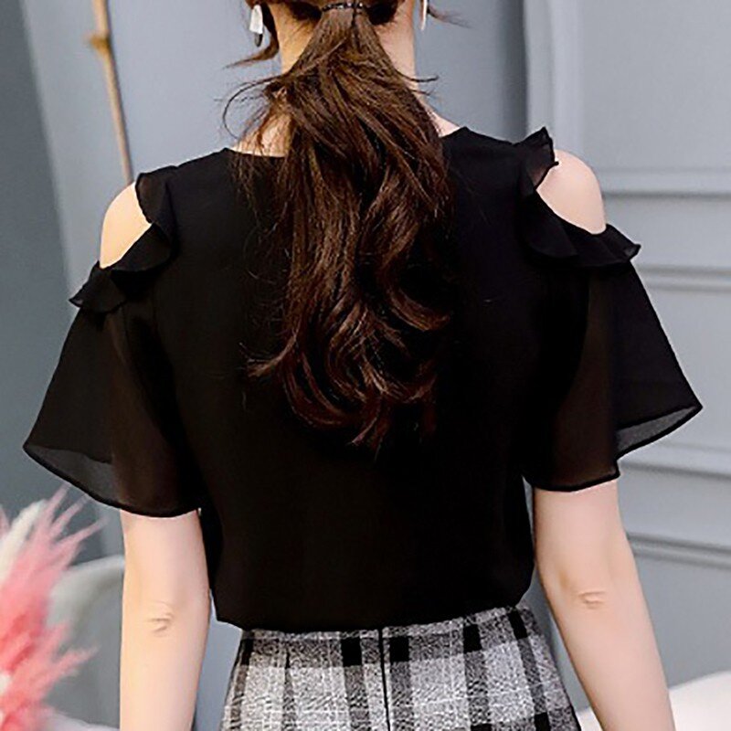 2019 letnia bluzka damska przyczynowa koszula z falbanami i opadającymi ramionami damskie czarne/białe bluzki szyfonowe O-neck z krótkim rękawem jednolite topy