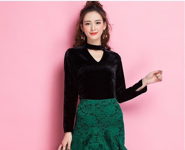 Free Shipping 2018 Sexy Fashion Plus Size S-10XL V-neck Velvet Long Sleeve Black Customized Women Slim Tops Spring Autumn Tees