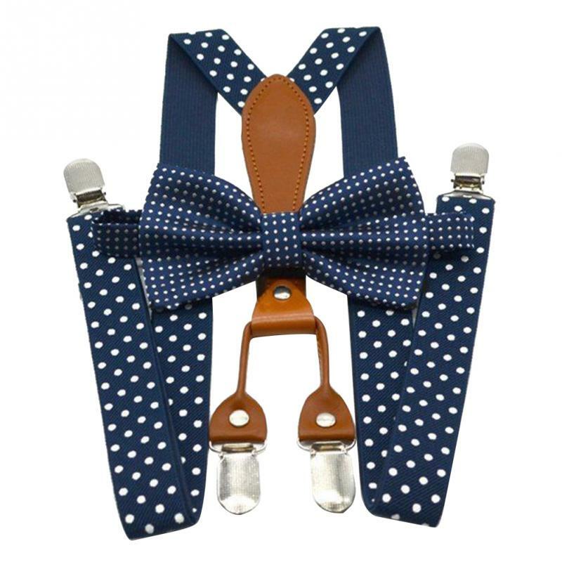1 szt. Kokarda w kropki krawat szelki dla kobiet mężczyzn 4 klipsy skórzane dla dorosłych Bowtie szelki dla spodni granatowy czerwony