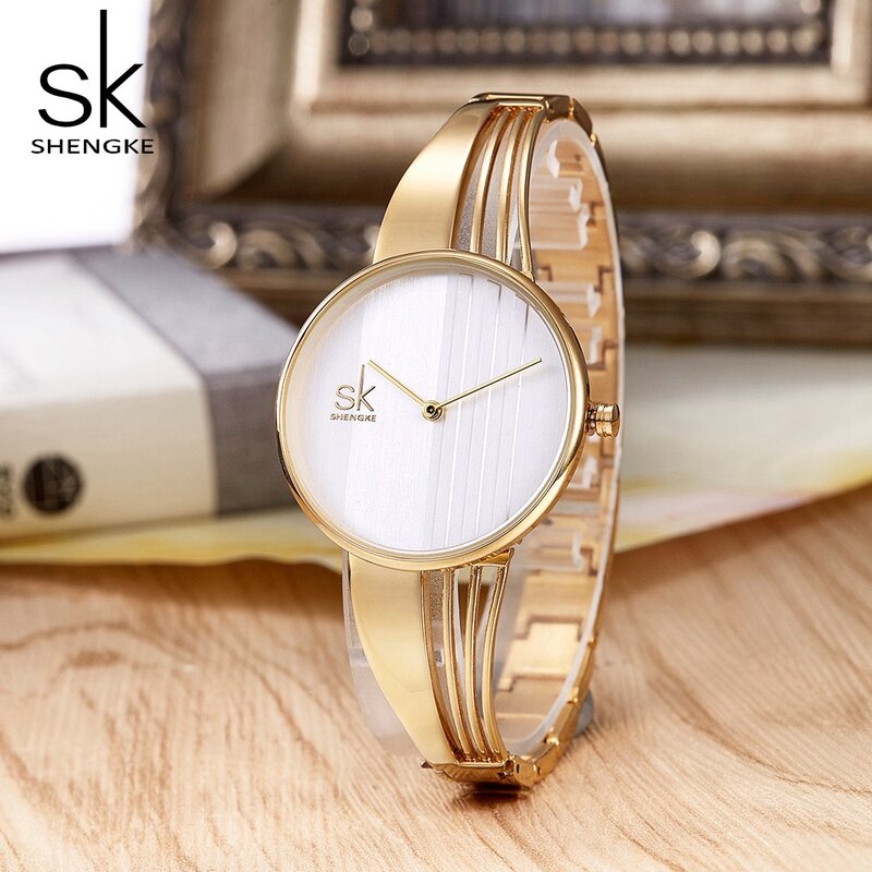 Shengke-Relógio de pulso de quartzo banhado a ouro para mulheres, relógios femininos, pulseira de luxo, moda feminina
