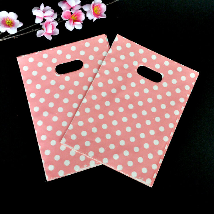 100 unids/lote de bolsa de regalo de plástico rosa con diseño de puntos de 15x20cm, bolsa bonita para joyería, bolsas pequeñas para dulces con asa