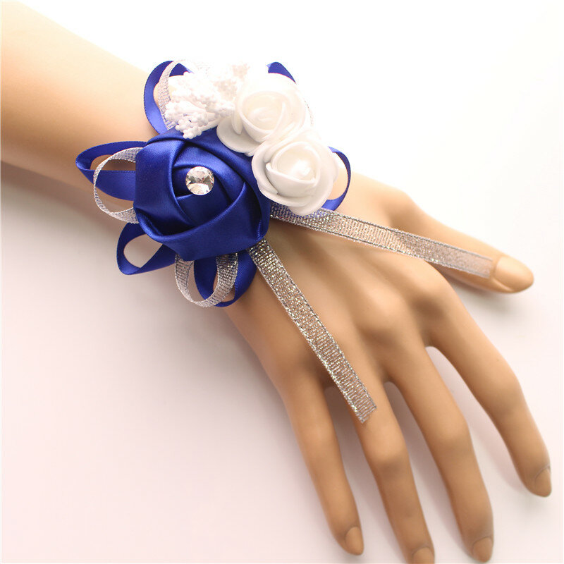 YO CHO ผ้าไหมกุหลาบสีขาวข้อมือ Corsage ข้อมือดอกไม้สำหรับ Bridesmaids สร้อยข้อมือดอกไม้สีชมพูสีฟ้าเจ้าสาวน้องสาวงานแต่งงานอุปกรณ์เสริม