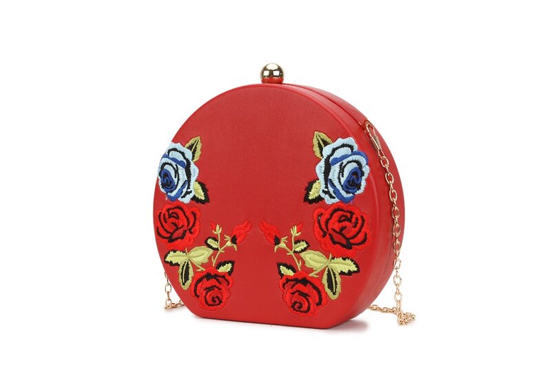 Elegante bolso de piel sintética de diseño redondo con Rosa bordada para mujer, bolso de noche de fiesta, cadena de boda, monedero, Mini bandolera