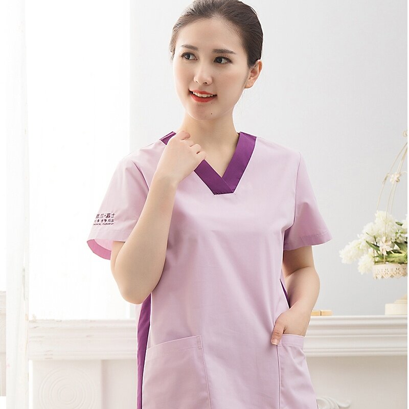 Moda feminina médica esfrega cor bloqueando uniformes de enfermagem (escolha esfrega topo/calças/conjunto inteiro) cirurgia de algodão puro esfrega