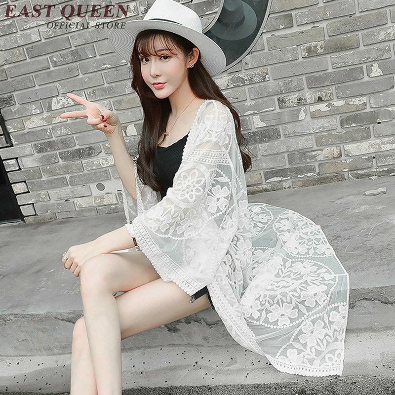 Người phụ nữ của thời trang 2018 mùa hè dài cardigan giản dị bãi biển cardigan femme flare tay áo ren trắng cardigan kích thước miễn phí NN0679 YQ