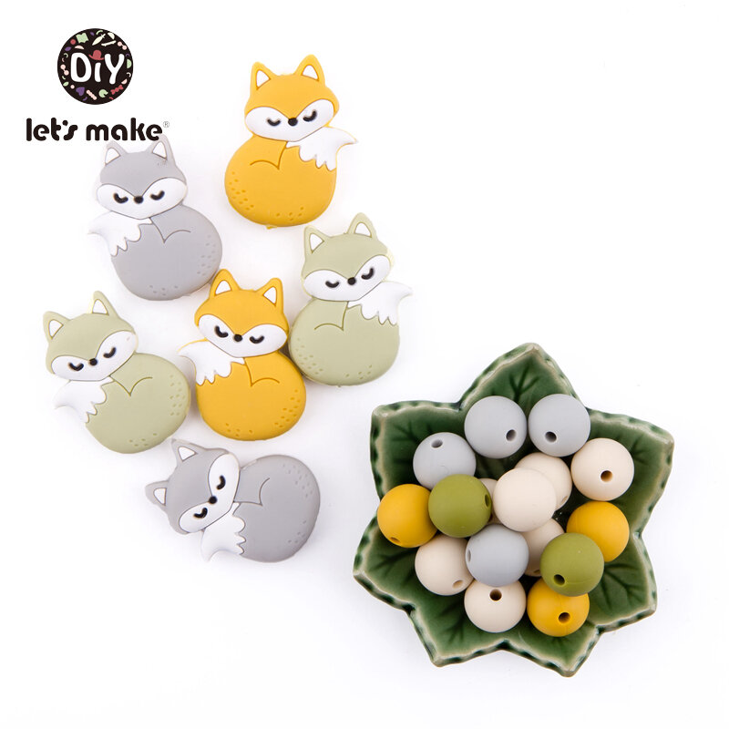 Let's Make Silicone Beads Teething Cartoon Fox Bead Animals 5pcs DIY Pacifier Clip For Children Newborn Baby Teething Toys