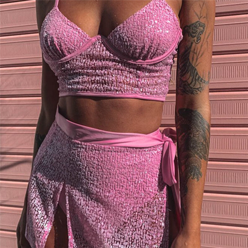 Conjunto de 2 piezas de ropa de festival para mujer, conjuntos de dos piezas, tops cortos sexis y conjuntos de falda, chándales de color rosa a juego