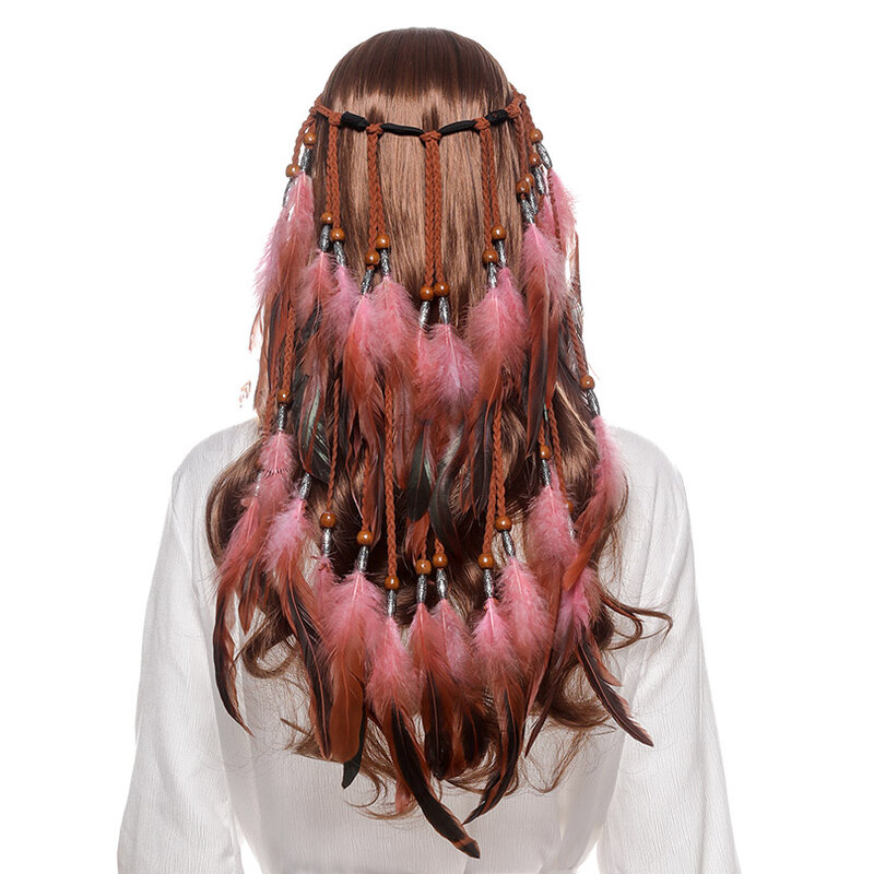 AWAYTR-Diadema de plumas de estilo bohemio para niña, tocado de plumas hecho a mano, accesorios para el cabello de alta calidad
