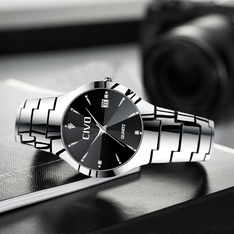 CIVO Fashion Men Watches Top Brand Luxury Waterproof Couple watch Sliver Stainless Steel Strap Wristwatch For Man Women Clock