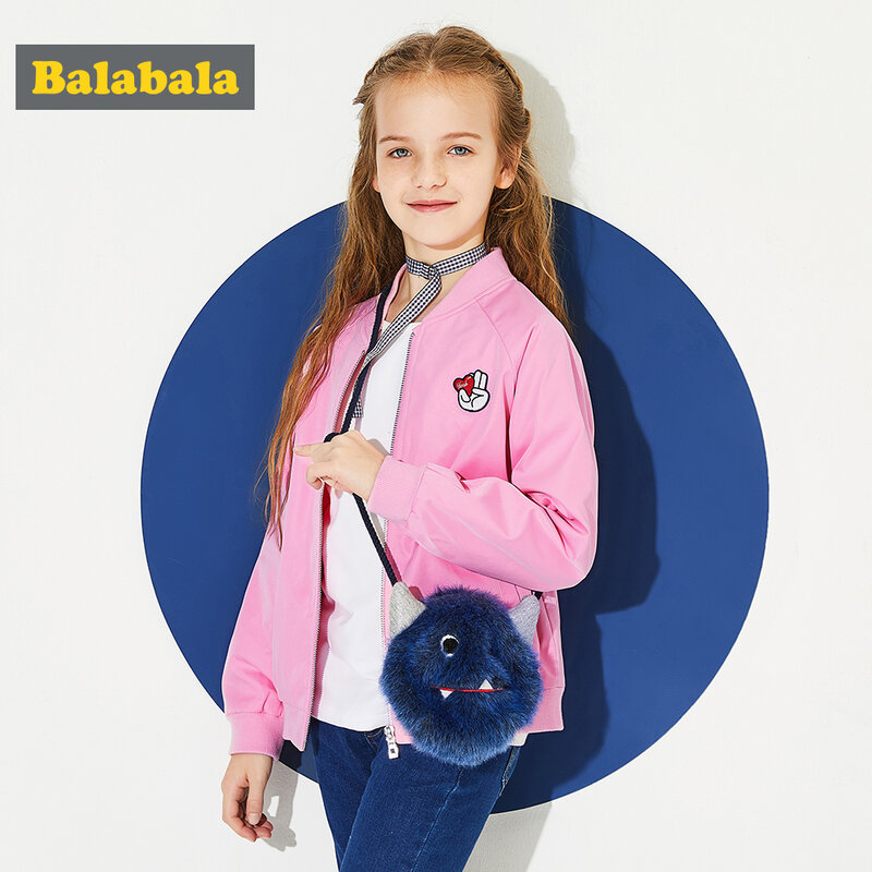 Balabala/бейсбольная куртка с вышивкой для девочек, куртка на молнии с карманом, ребристый Бейсбольный воротник, манжеты и подол для девочек-под...