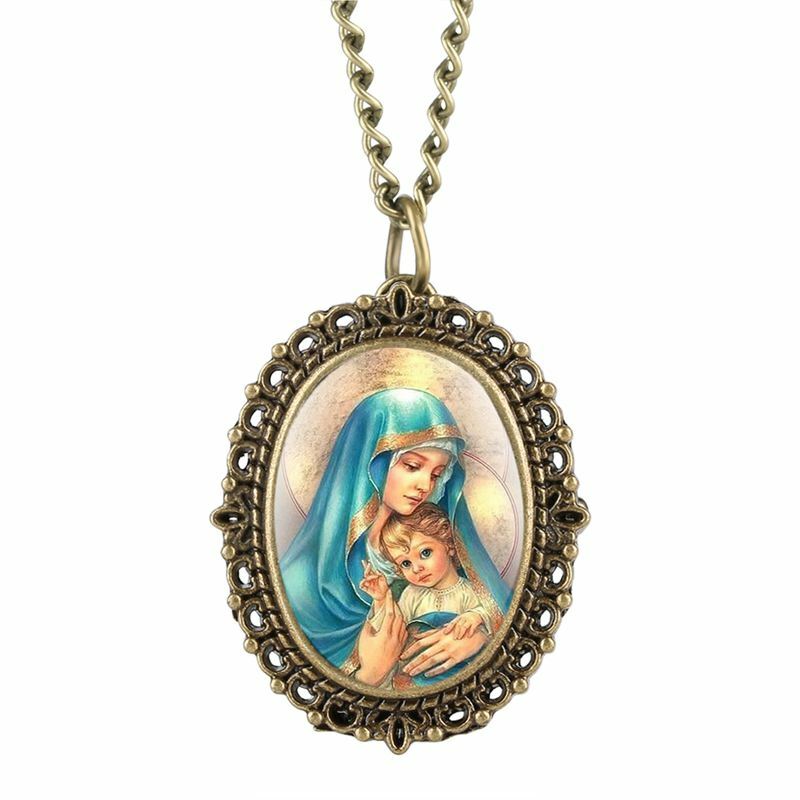 Único virgem maria colar de bolso de quartzo relógio mãe maria católica religioso pingente presentes colar feminino como melhores colecionáveis