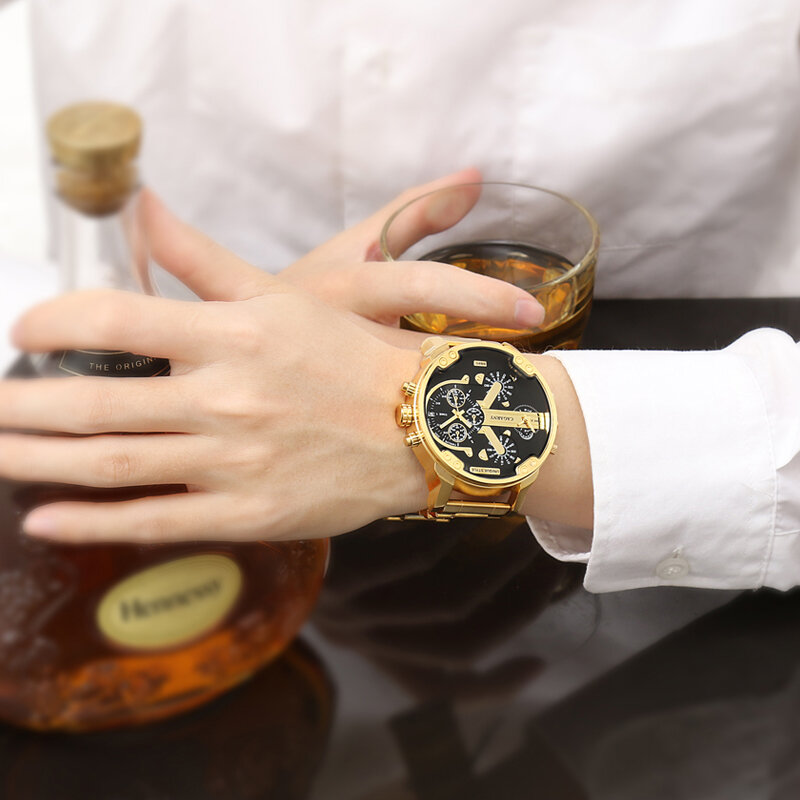 Cagarny Luxe Heren Horloges Top Brand Big Case Quartz Horloge Voor Mannen Golden Stalen Band Militaire Relogio Masculino Twee Keer klok