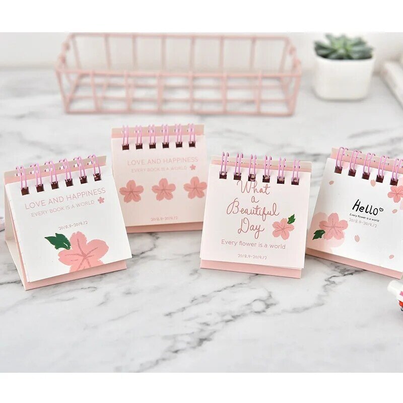 2019 Cute Cherry Blossoms Desk Calendar DIY Mini Portable Table Calendars Daily Schedule Planner 2018.09~2019.12