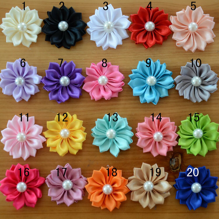 200 pcs/lot, Mini satin bunga kain dengan pusat mutiara-Petite satin bunga