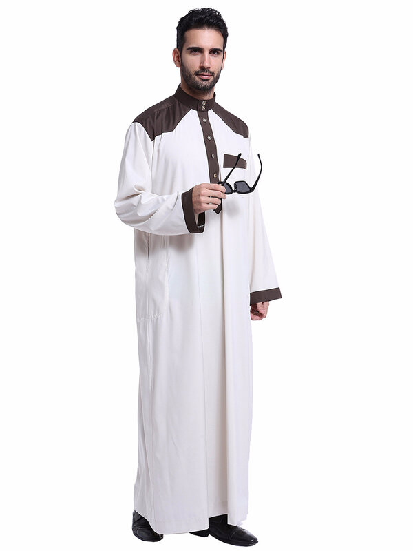 Muzułmańscy mężczyźni biała sukienka z długim rękawem Thobe mężczyźni odzież muzułmańska islamski Thobe dla mężczyzn Abaya arabski muzułmanin Jurk mężczyzna CN-043