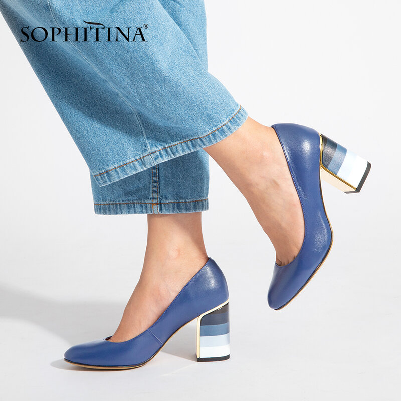 SOPHITINA Pumps Fashion Colorful Square Heels High Quality Sheepskin Round Toe Pumps Mature Hot Sale Elegant Women's Shoes W10
