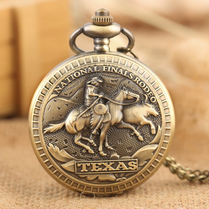 Bronze eua texas national finals rodeo design relógio de bolso de quartzo royal bronze colar pingente relógio de pulso presentes para homens