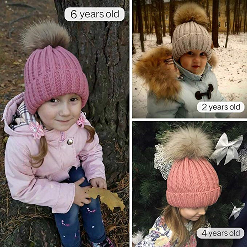 毛皮のような冬の帽子,男の子と女の子のための冬の帽子,小さな子供のためのキャップ,アライグマの毛皮,ニットのポンポン,2-10