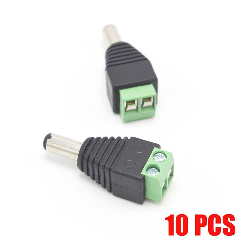 DC Power macho Plug Jack adaptador conector, luz LED de cor única, CCTV, 12V, 2.1x5.5mm, 10 pcs