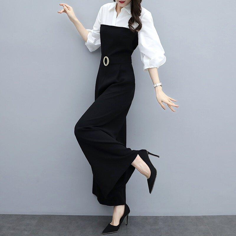 Wiosna kobiet kombinezon 2019 biały czarny, patchworkowy szerokie nogawki wysokiej talii biznes Celebrity eleganckie kombinezony dla 2019 DD2084