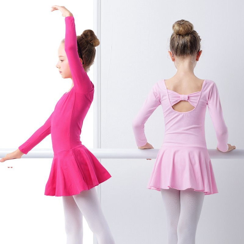Dziewczyny trykoty baletowe Bowknot taniec sukienka dzieci z długim rękawem gimnastyczne trykoty różowa bawełna dzieci gimnastyka body sukienka
