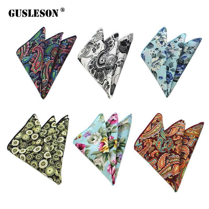GUSLESON-꽃무늬 면 사각 손수건, 페이즐리 패턴 손수건, 남성용 비즈니스 캐주얼 포켓, 웨딩 손수건