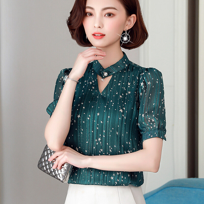 세로 스트라이프 여성 셔츠 반팔 여름 새로운 느슨한 블라우스 한국어 V-칼라 쉬폰 사무실 숙녀 캐주얼 탑 의류 H9027