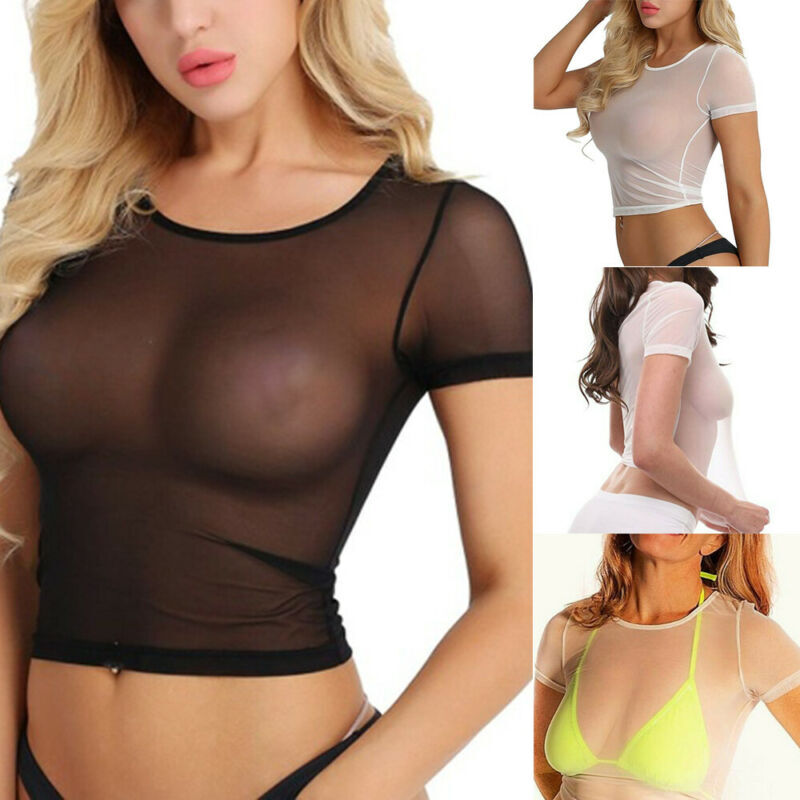 Женский прозрачный топ-бикини, пикантный прозрачный топ с сеткой, Клубная футболка с коротким рукавом, прозрачная блузка, 2019