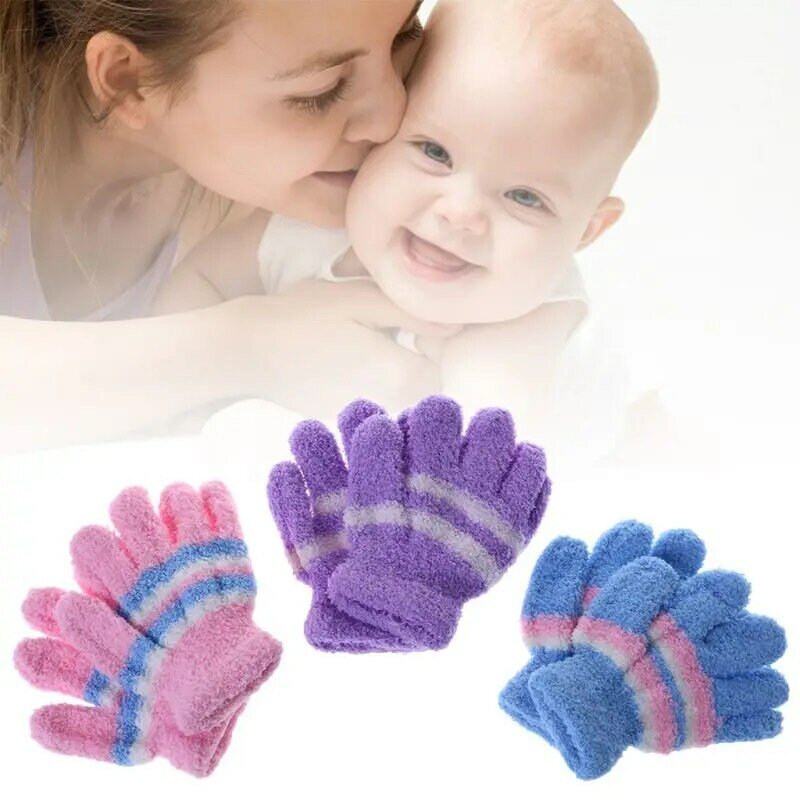 1 para rękawiczki dziecięce ciepłe zimowe pełne palce termiczne koralowe polary dla dzieci chłopcy dziewczęta kolorowy pasek miękkie elastyczne solidne