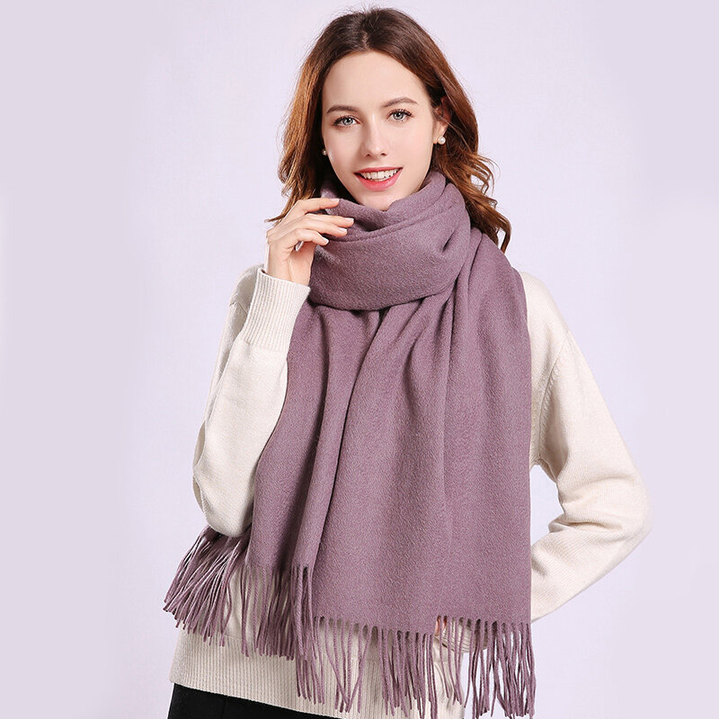 Écharpe en laine 100% pour Femme, épaisse et chaude, couleur unie, enveloppe Pashmina en cachemire, collection Hiver