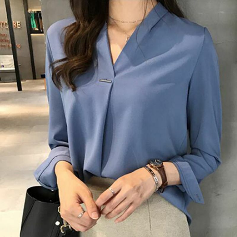 office Lady Chiffon Blouse Shirt Summer Blouse Tops Long Sleeve V Neck Female Blouse