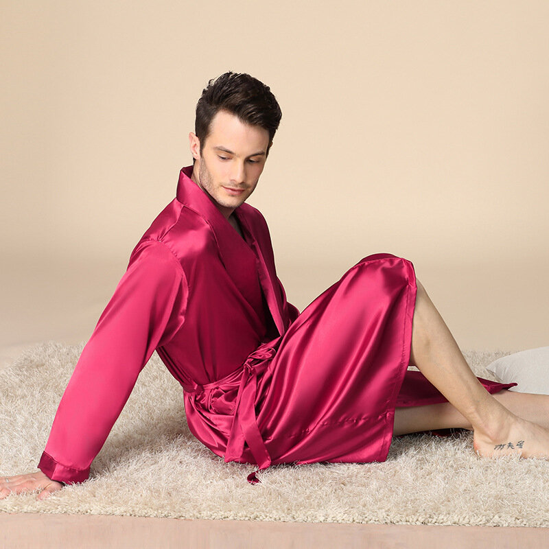 Jubah Sutra Pria Ukuran Besar 5XL Satin Lengan Panjang Piyama Jubah Mandi Pria Baju Tidur Pakaian Tidur Kimono Gaun Rias Padat