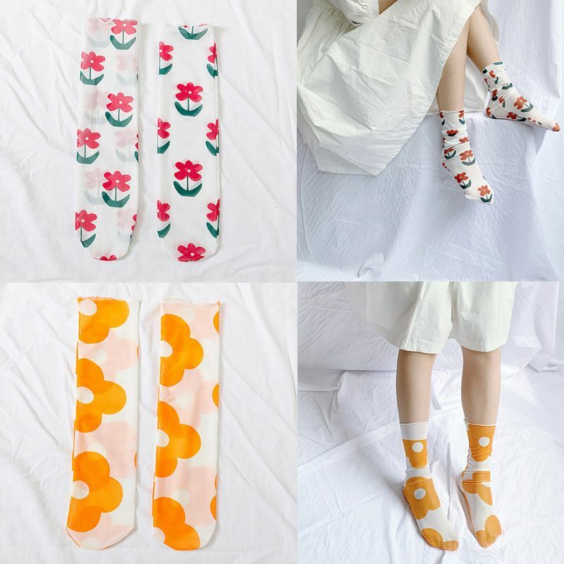 Korean Fashion Long Crew Socks Women Girls Sweet Candy Colorful Floral Print Translucent Mesh Summer Thin Cute Art Tube Hosiery