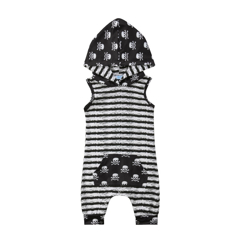 Новорожденный малыш для маленьких мальчиков череп одежда с капюшоном топы ползунки Детские комбинезоны для новорожденных хлопок полоса че...