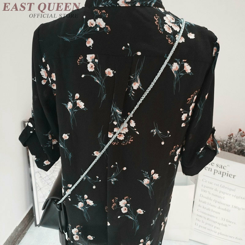 Camisa feminina preta com gola v e estampa floral, plus size, 2019, chiffon, dd2224