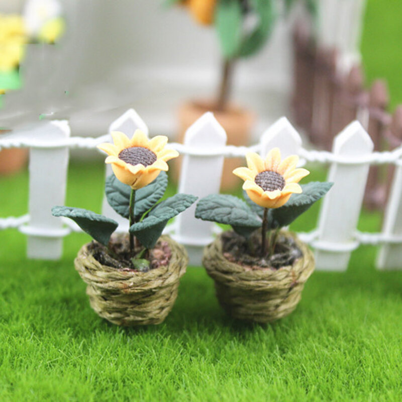 1Pcs 1/12 Rumah Boneka Miniatur Aksesoris Mini Bunga Matahari Simulasi Pot Tanaman Bunga Model Mainan untuk Dekorasi Rumah Boneka