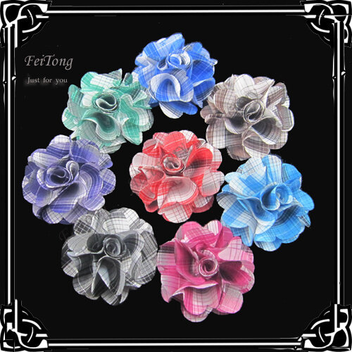 Free shipping!12pcs/lot 2.3 inch  New   plaid  fabric flowers  brooch pins stick  pins   7colors for your choice