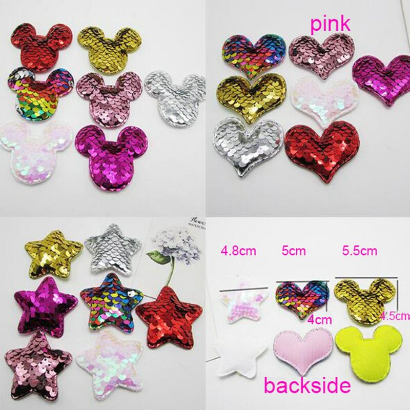 50 pcs/lot Glitter Paillette sequin Heart star Padded Patches Appliques For Clothes Sewing Supplies DIY Craft Decoration
