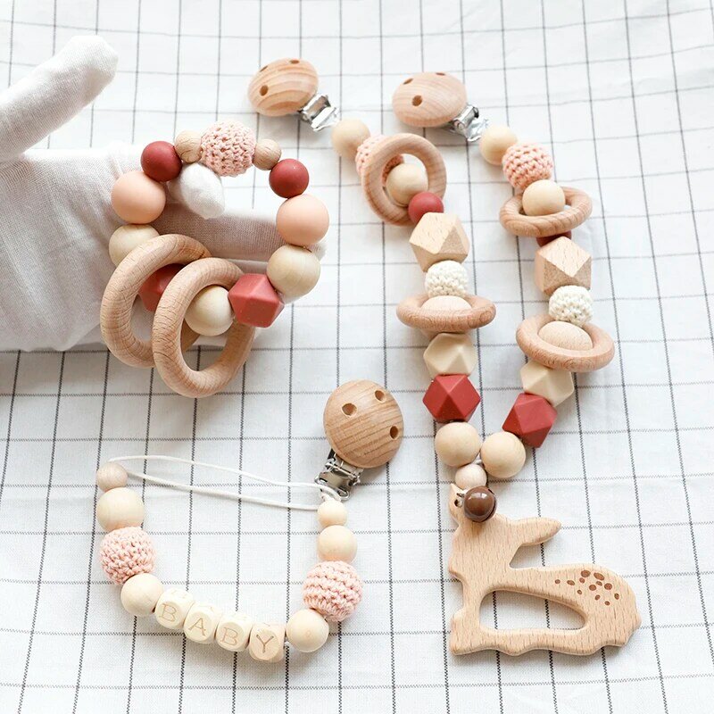 Baby Toys Silicone Beads Teethers Wooden Rings Handmade Bracelet Pacifier Chain Clips Teething Pram Stroller Bell Baby Products